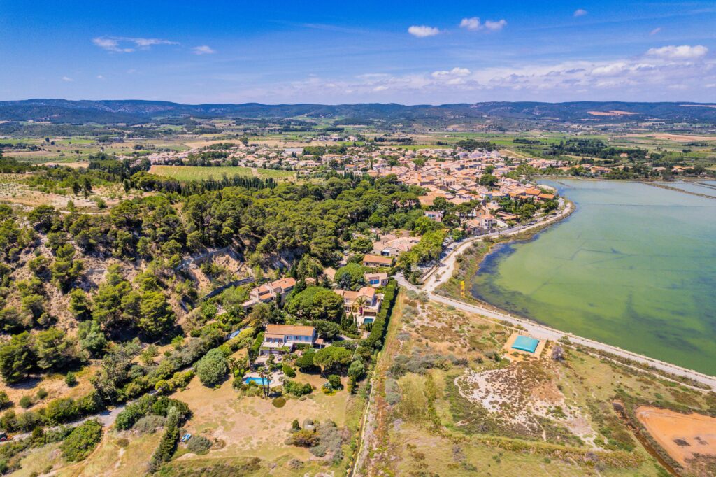 Aerial view of Peyriac-de-Mer in Aude, South of France, showcasing its charming village and natural beauty.